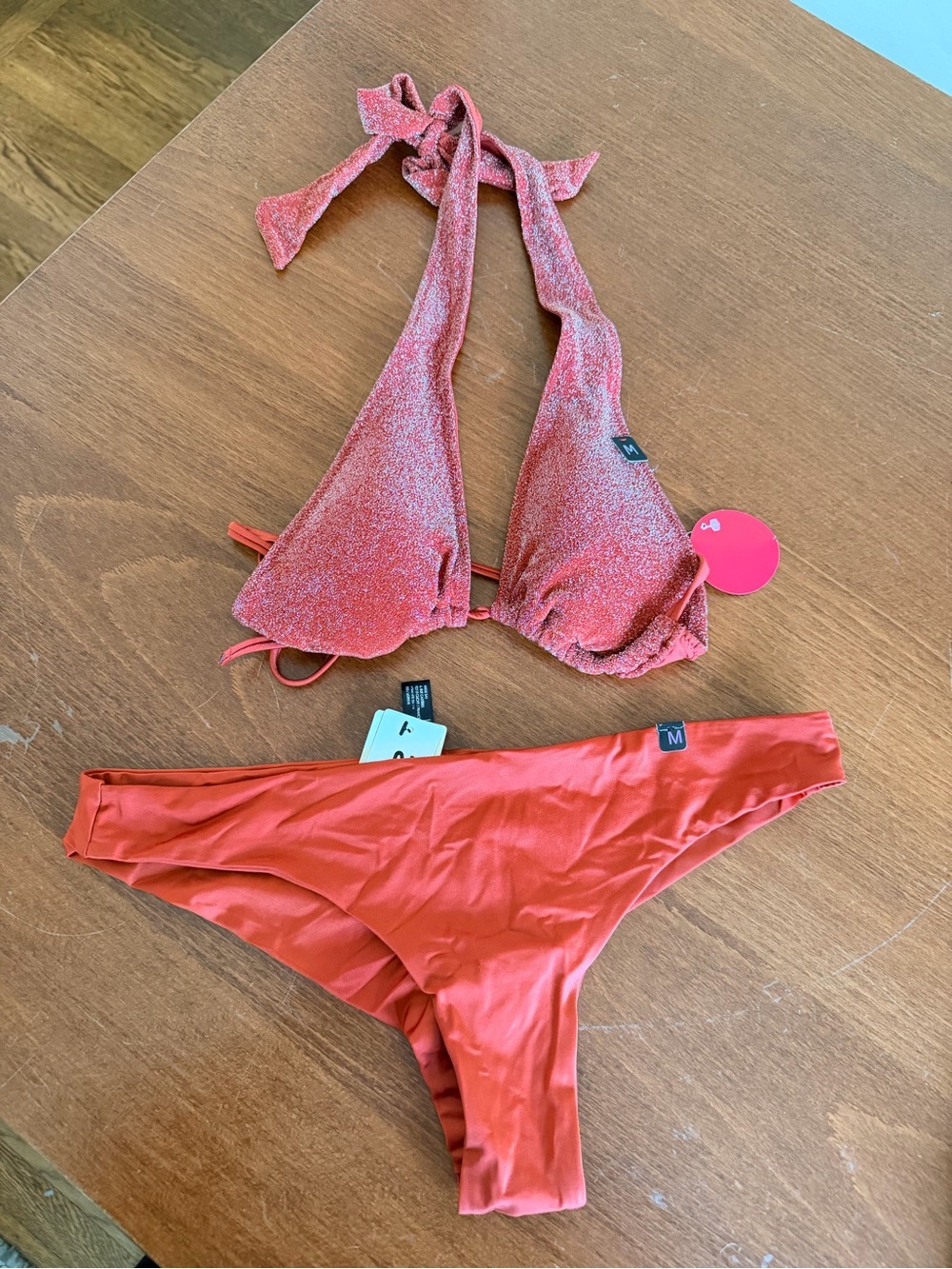 Burnt Orange Bikini Set - Glitter Halter Top & Solid Bottom